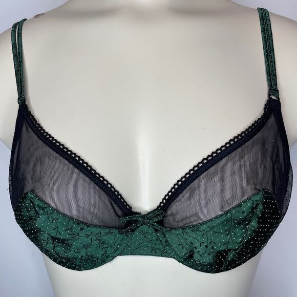Gianfranco Ferre Bra 32A Black Green Satin Partially Lined Mesh Underwire Sheer - Picture 1 of 14